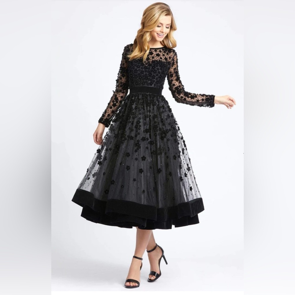 EMBELLISHED ILLUSION HIGH NECK LONG SLEEVE FIT & FLARE SIZE 10